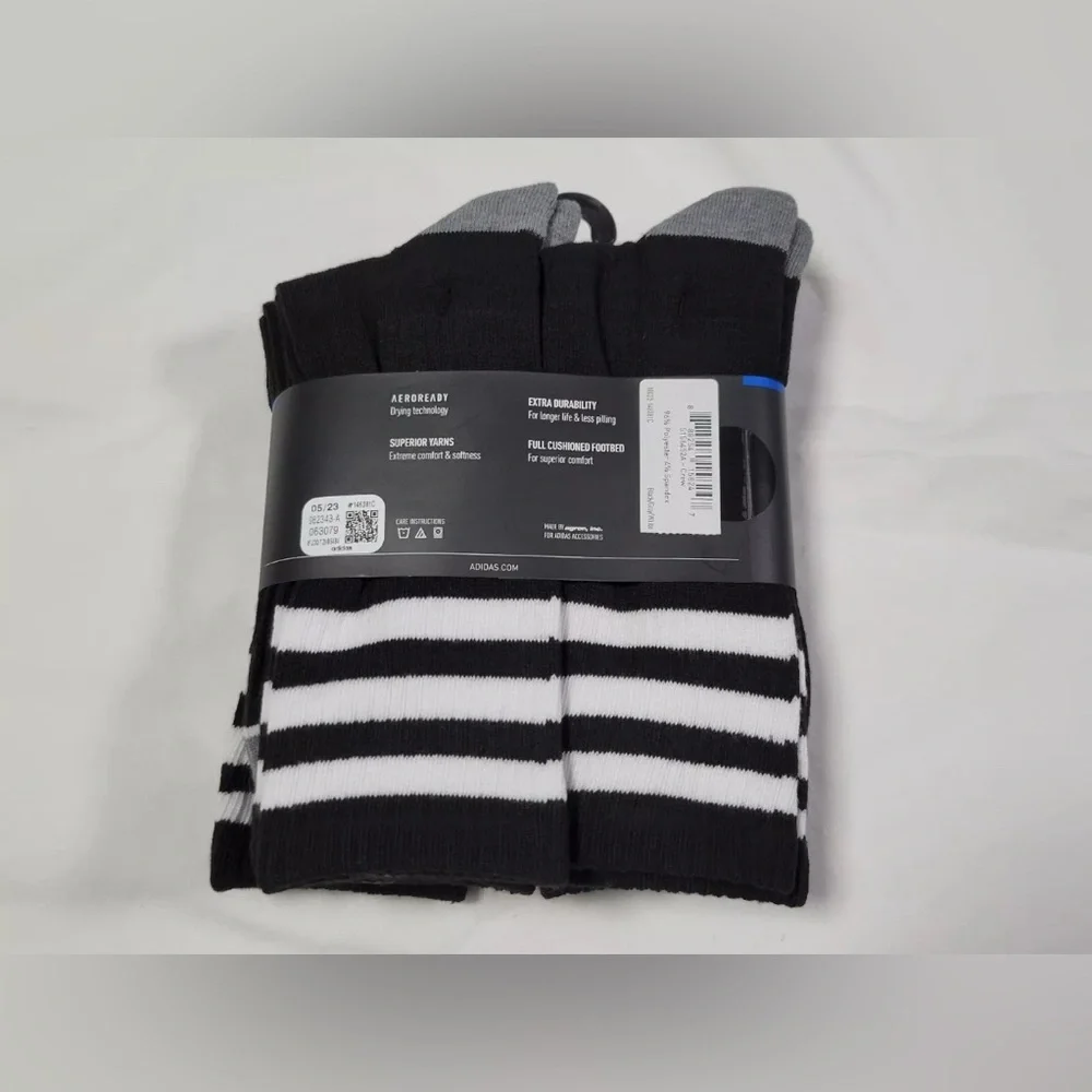 Adidas Men’s Cushioned 3 stripe roller black white crew socks 6 pair pack NEW